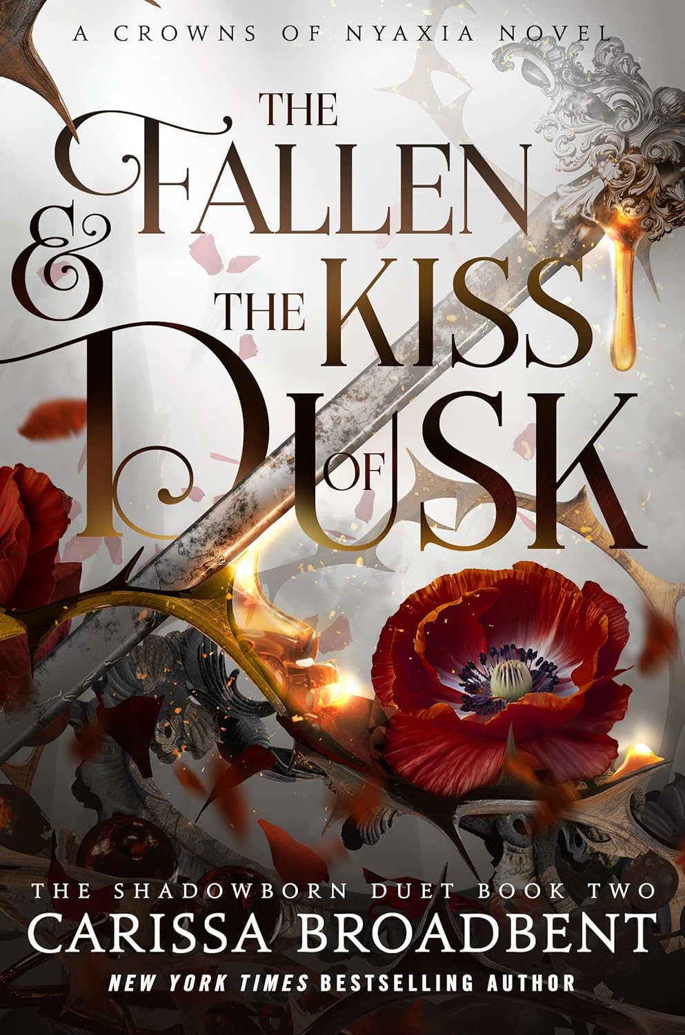 The Fallen & the Kiss of Dusk: The Shadowborn Duet, Book Two by Carissa Broadbent book cover – Dark Fantasy, Enemies To Lovers, Very High Spice, Witch/Magic romance novel