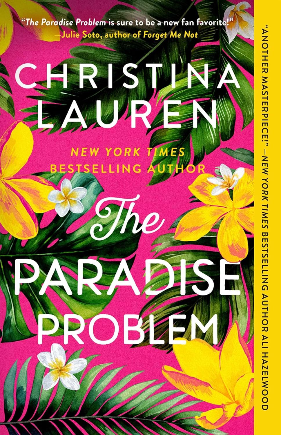 Book cover of 'The Paradise Problem' by Christina Lauren with tropical flowers and leaves.