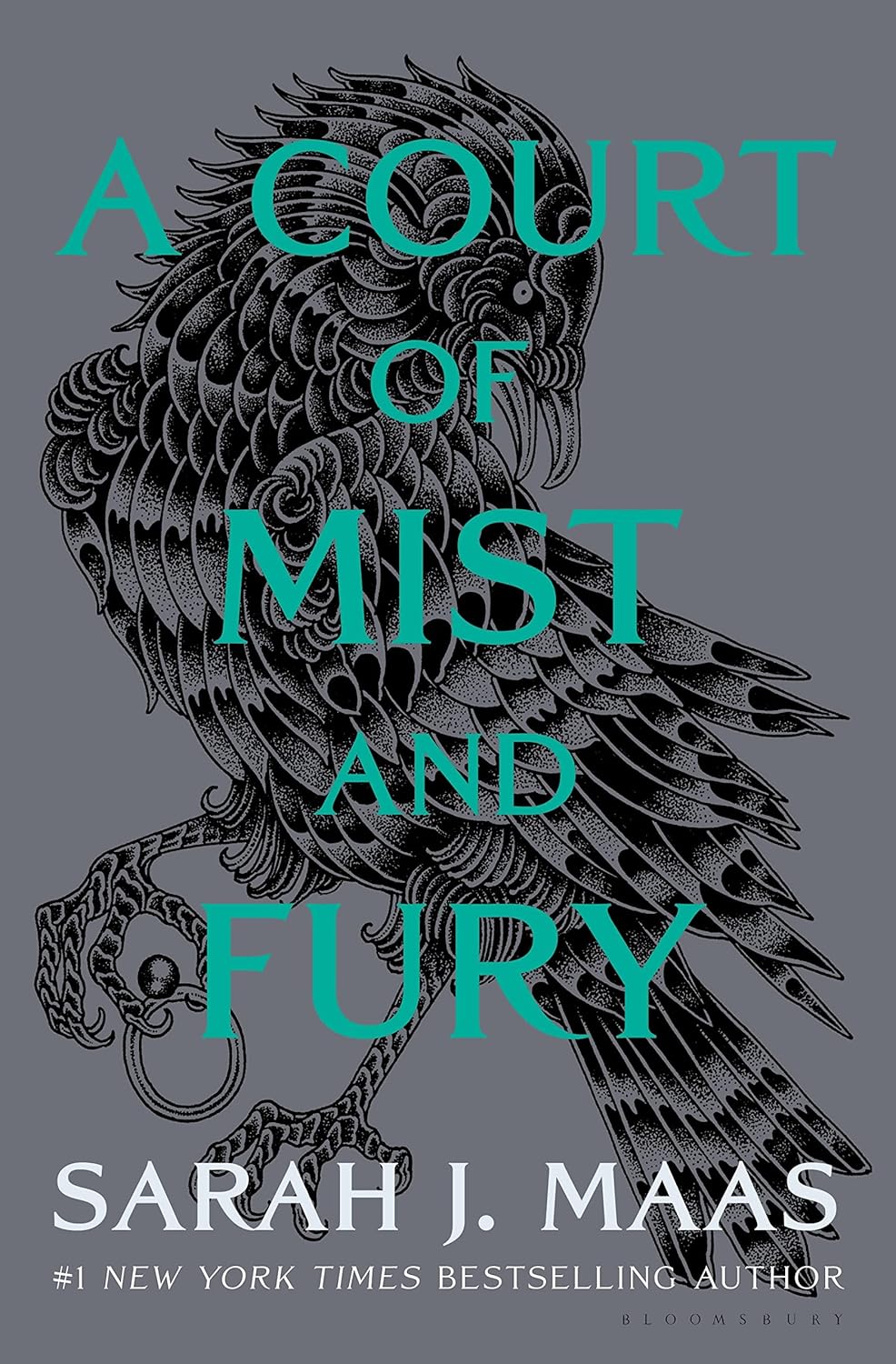 Book cover of 'A Court of Mist and Fury' featuring an illustration of a bird with outstretched wings against a teal background.
