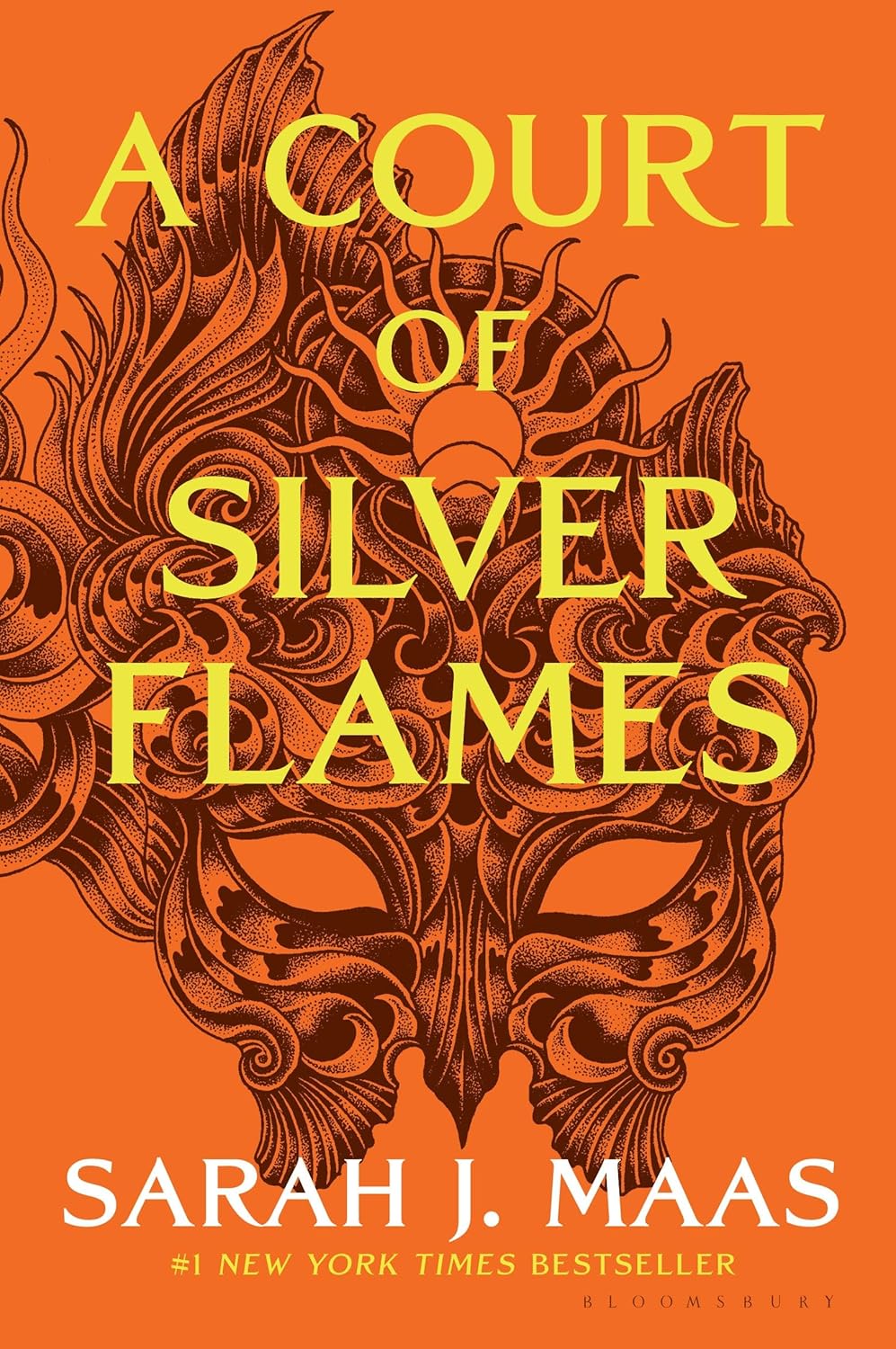 Book cover of 'A Court of Silver Flames' featuring an intricate design with a mask-like face in orange and black hues.