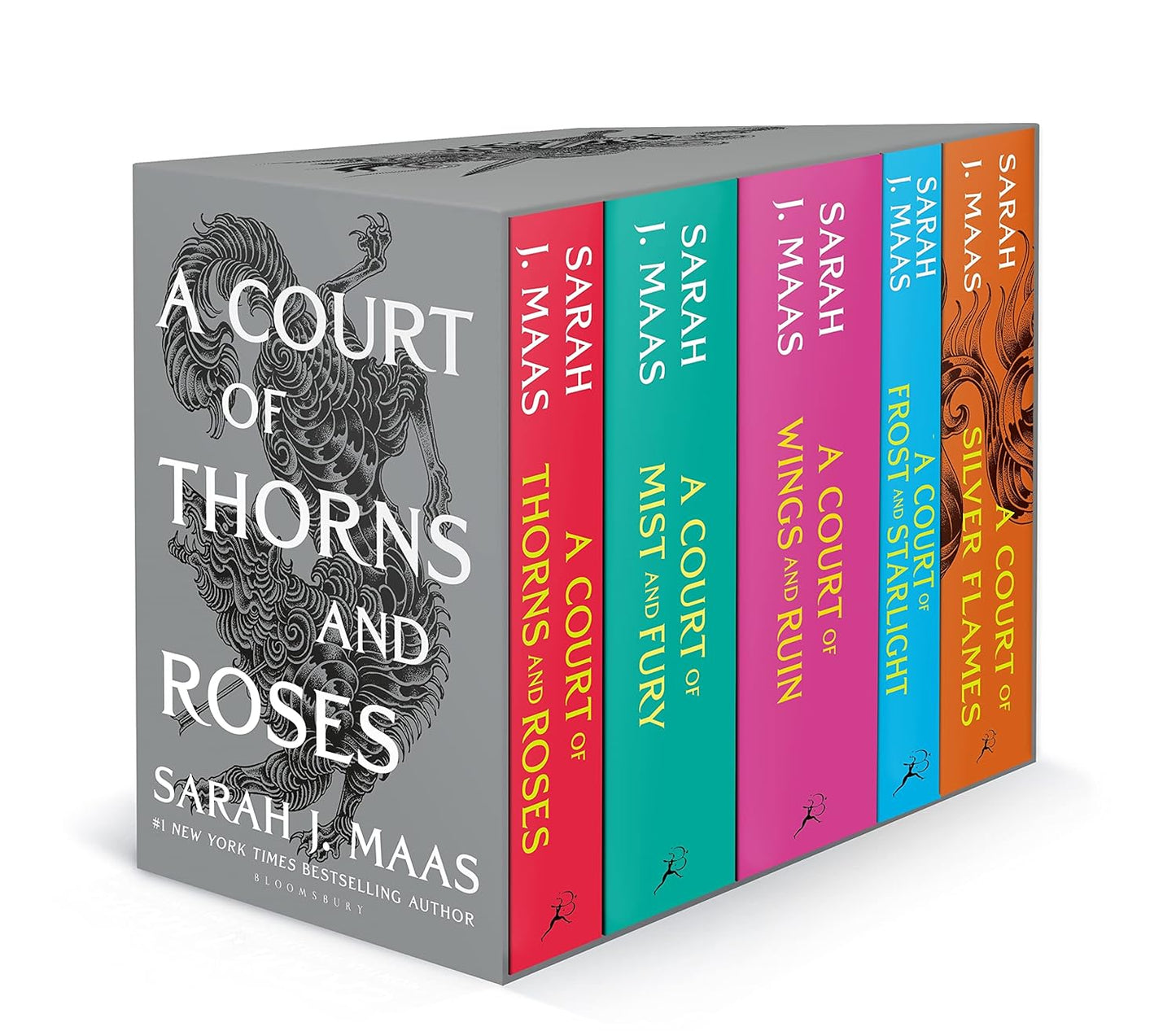 A five-book box set of 'A Court of Thorns and Roses' by Sarah J. Maas, featuring black and dark-colored covers with decorative elements and character illustrations.