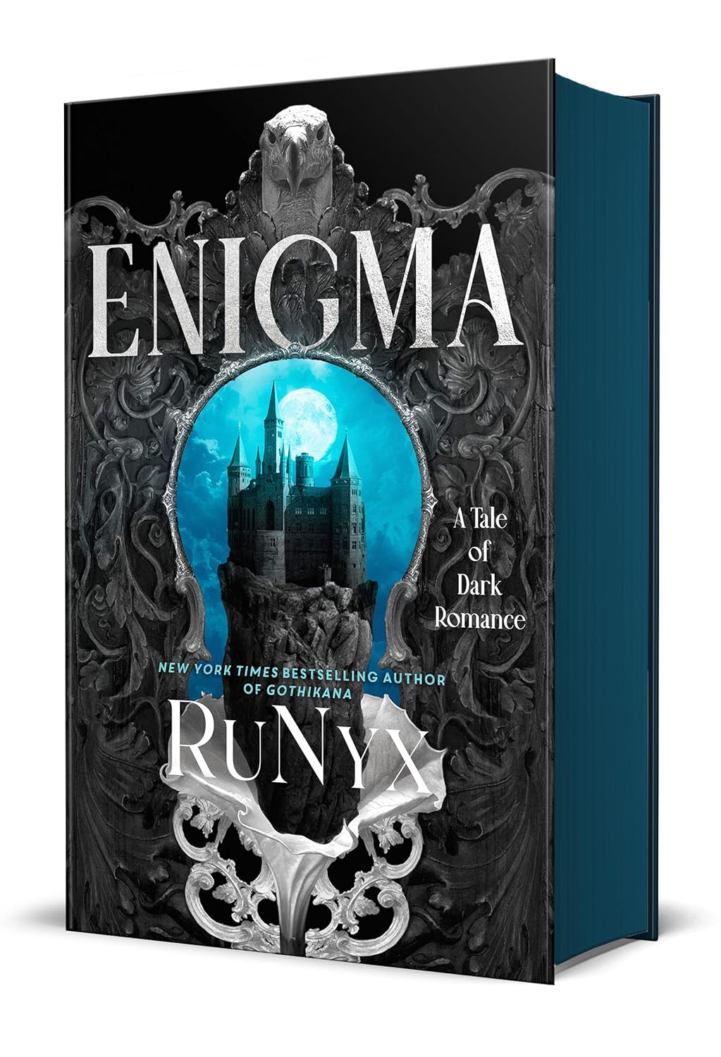 Cover of the book 'Enigma: A Dark Academia Romance' featuring a gothic-style university building with a dark, moody atmosphere.
