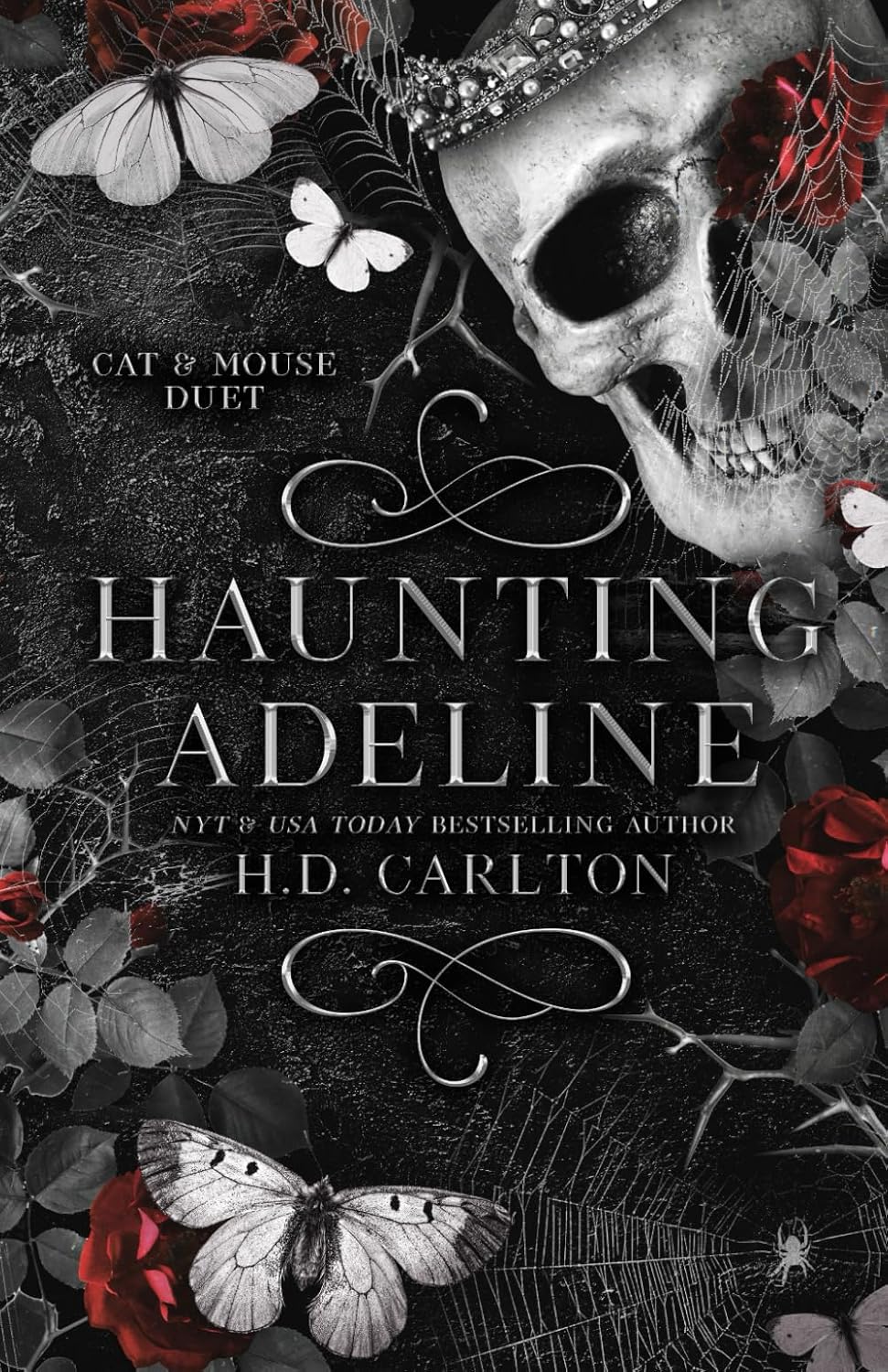 Haunting Adeline by H D Carlton book cover – Age Gap, Contemporary Romance, Dark Romance, Enemies To Lovers, Forbidden Romance, Forced Proximity, Grumpy X Sunshine, Small Town & Rural, Very High Spice romance novel
