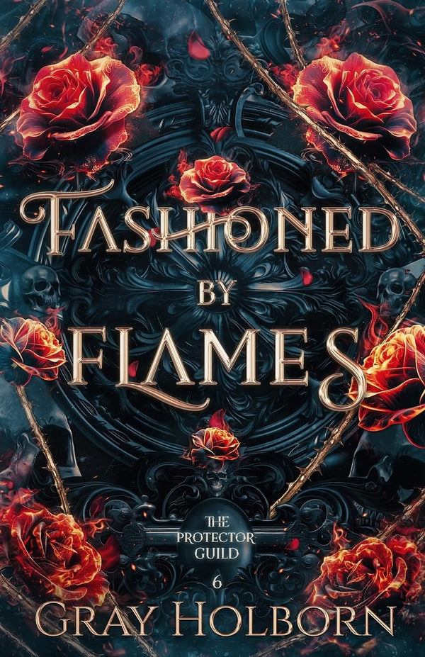 Book cover of 'Fashioned by Flames' with roses and dark design