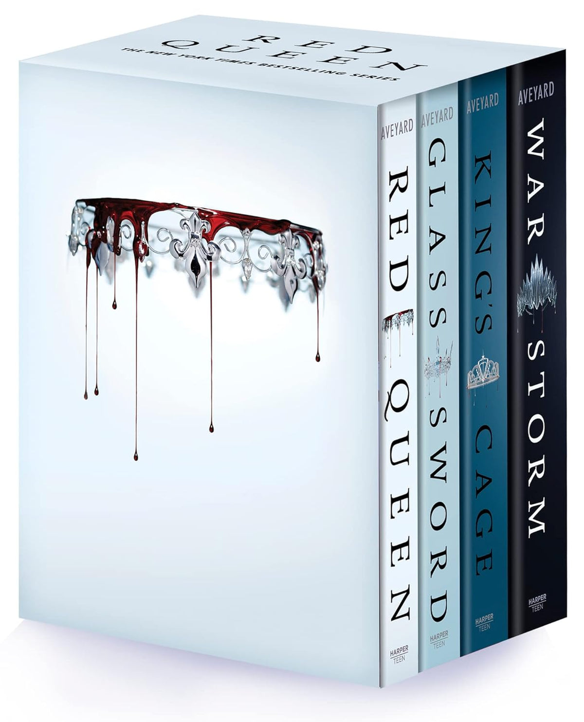 Red Queen 4-Book Paperback Box Set: Red Queen, Glass Sword, King's Cage, War Strom by Victoria Aveyard book cover – Dark Fantasy, Enemies To Lovers, Fantasy Romace, High Fantasy, Low Spice, Witch/Magic romance novel